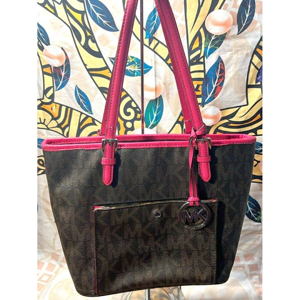 Michael Kors MK Monogram Tote Pink Trim Brown Shoulder Bag